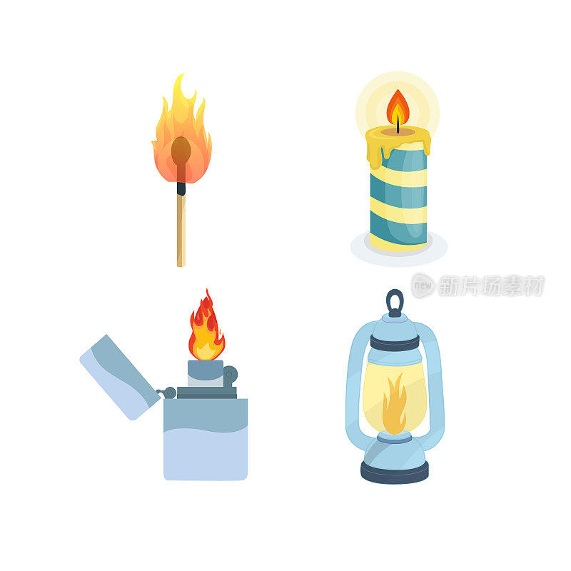 火焰灯。燃烧的火柴，融化的蜡烛，打火机，夜灯