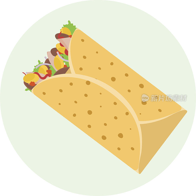 平坦的矢量美味的墨西哥玉米煎饼与鸡肉会面，玉米和菜豆在玉米粉圆饼图标