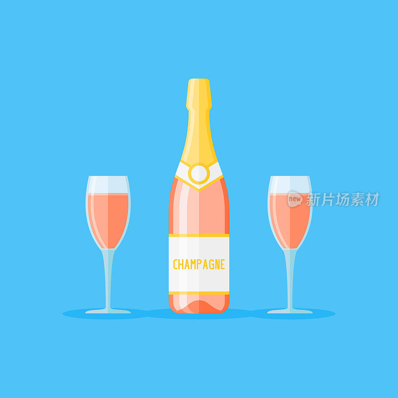 一瓶和两杯玫瑰香槟。平面风格矢量插图。