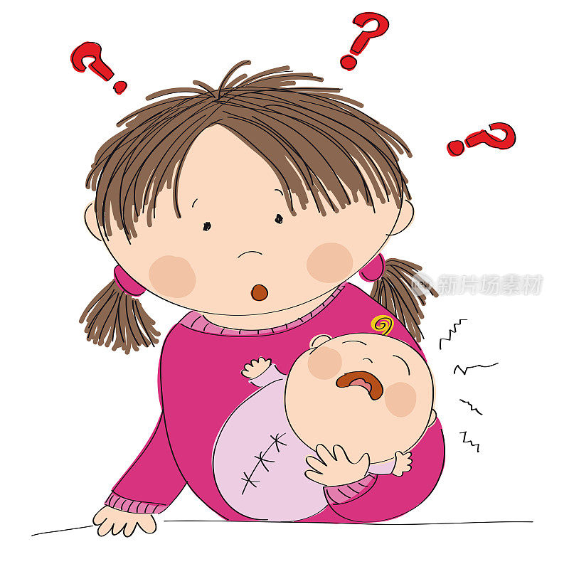 困惑的年轻母亲抱着她哭泣的女婴-原创手绘插图-