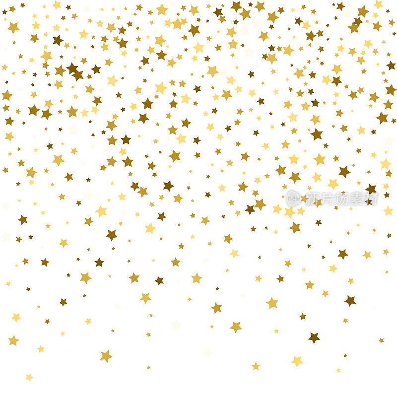 金星彩纸雨节日背景。矢量金纸箔星星落下孤立的透明背景。