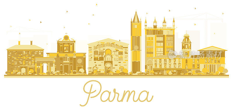 意大利帕尔马市天际线金色剪影。
