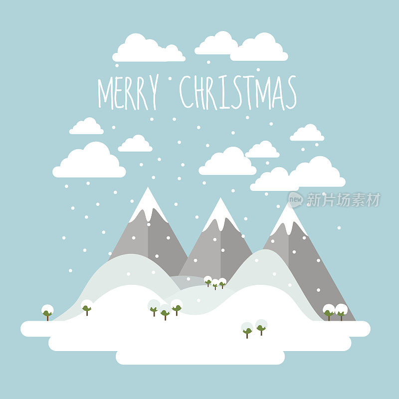 圣诞贺卡与平坦的设计景观与山，小山和树木覆盖的雪