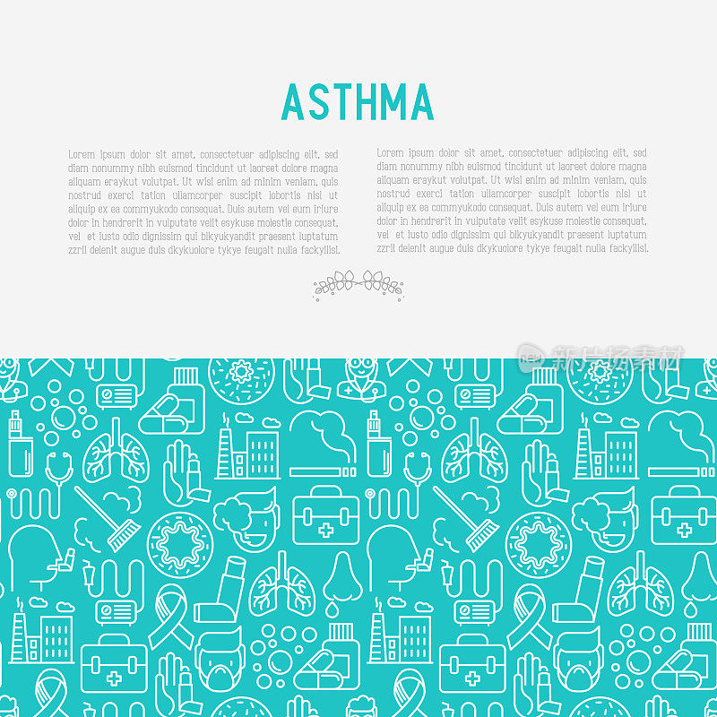 世界哮喘日概念与细线图标:空气污染，吸烟，呼吸器，治疗师，吸入器，支气管，过敏症状和过敏原。矢量插图的旗帜，网页。