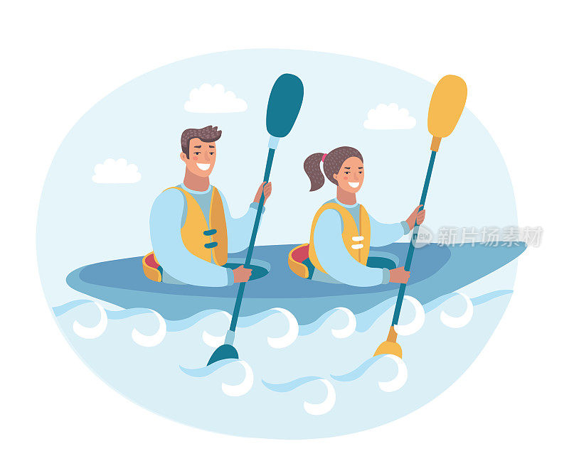 矢量插图的夫妇在一个独木舟划船沿河