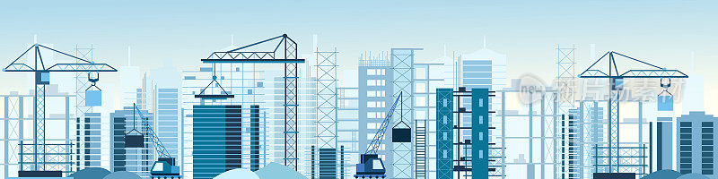 建筑、建筑工地和吊车横幅的矢量插图。摩天大楼正在建设中。挖掘机，翻车机在天空背景在平的风格。