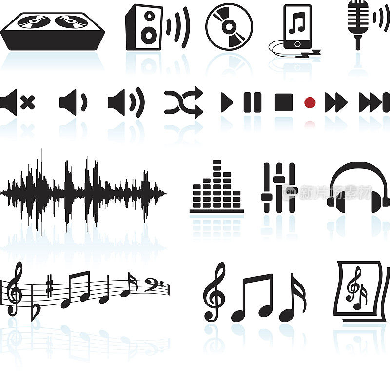 声音和音乐黑白矢量图标设置