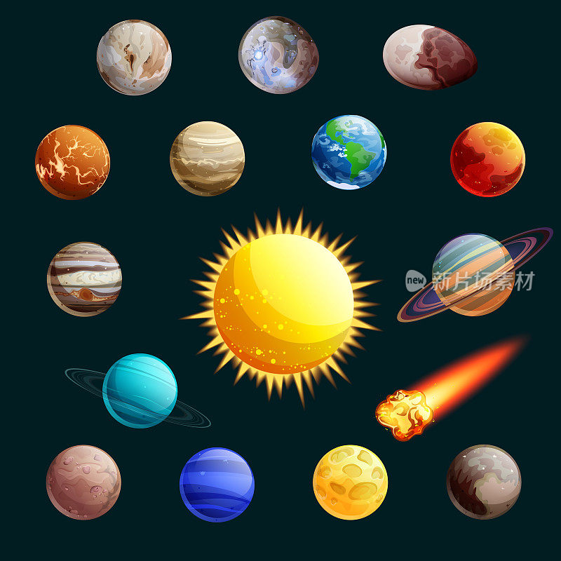 太阳系矢量图。太阳，行星，卫星卡通空间图标和设计元素