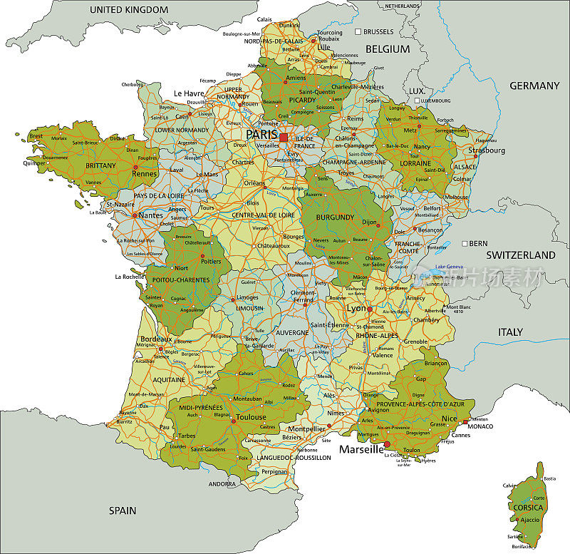 高度详细的编辑政治法国地图。