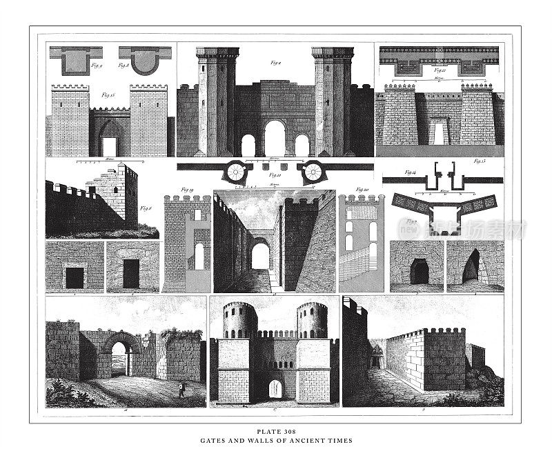 古代城门和墙壁雕刻古玩插图，1851年出版