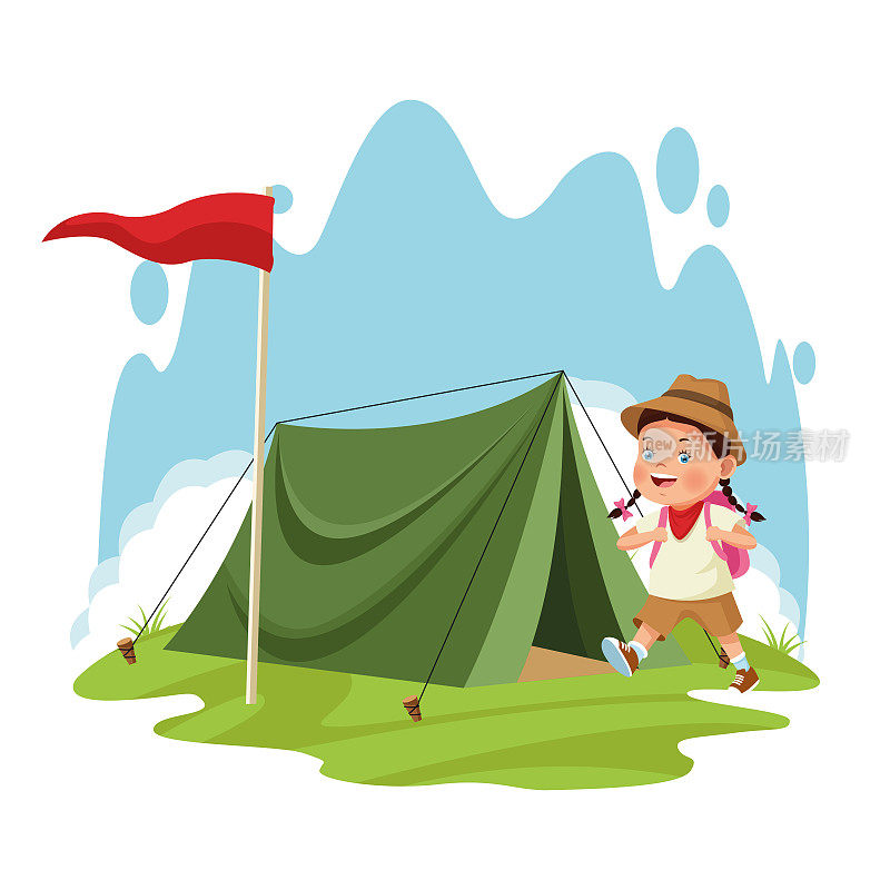 卡通探险家女孩和挂着红旗的露营帐篷