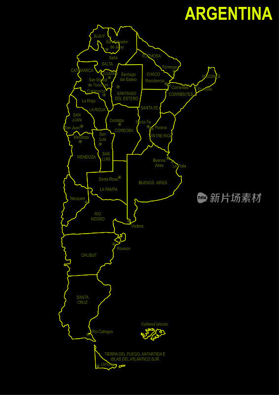 黑色背景下的阿根廷霓虹灯地图