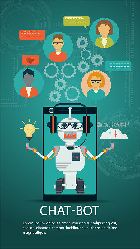 智能聊天机器人矢量平面插图在平板电脑或智能手机屏幕上的概念人工智能人与机器人和自己交流