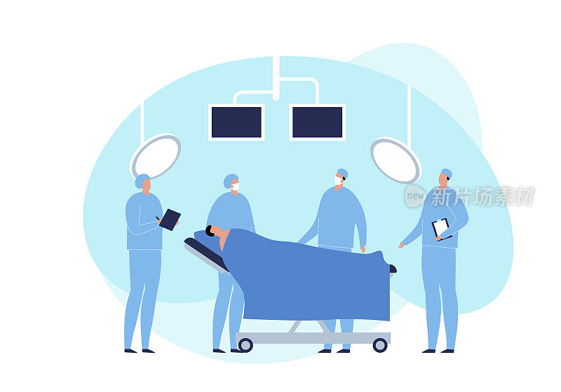 矢量现代平面手术说明。外科医生和病人在手术室中，在流体形状的背景上有监视器和灯。设计元素为医药网站，ui，海报，横幅。