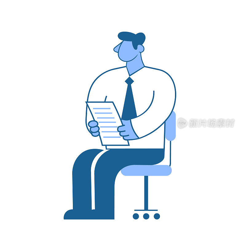 商人坐在椅子上，手里拿着文件。字符矢量插图孤立在白色背景上。