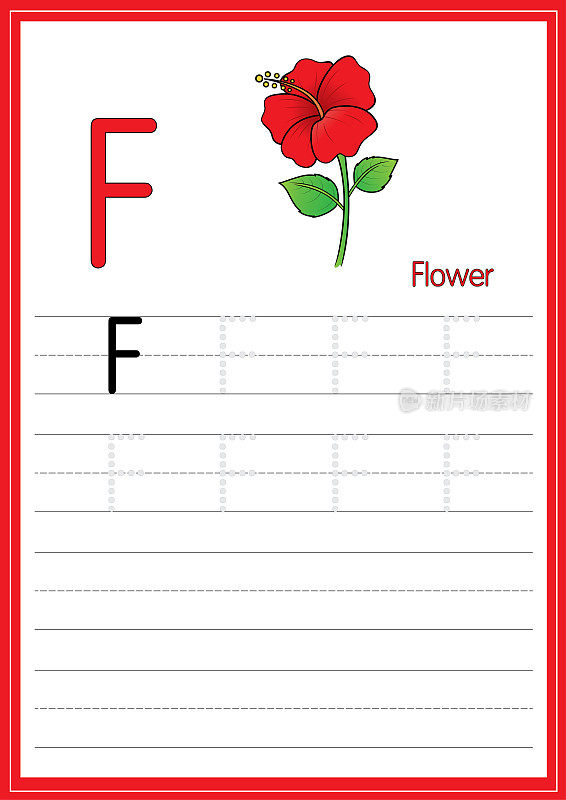 矢量插图的红花孤立在白色的背景。以大写字母F作为教学媒体，供儿童识别英文字母或供儿童学习书写字母用于在家里和学校学习。
