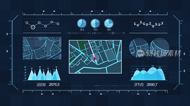 未来的多屏幕小工具面板，未来HUD全息数字城市地图，导航动画之夜，导航城市地图GPS导航，定位之夜