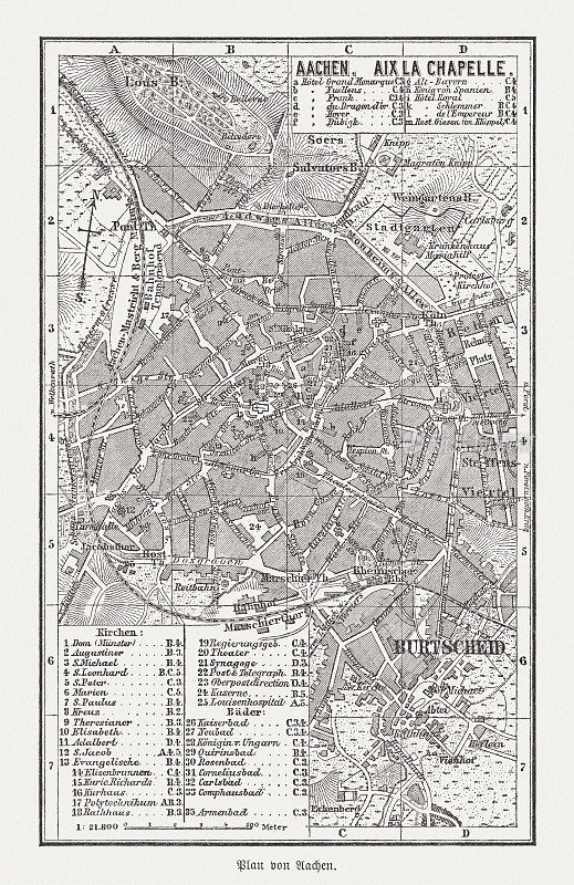 德国亚琛历史城市地图，木刻，1893年出版