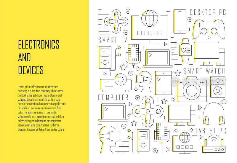 电子和设备相关线设计风格网页横幅矢量插图