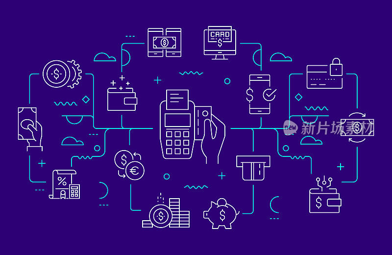 金钱和支付相关的网站横幅线条风格。现代线性设计矢量插图