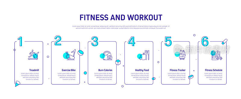 健身和锻炼相关的过程信息图表模板。过程时间图。使用线性图标的工作流布局