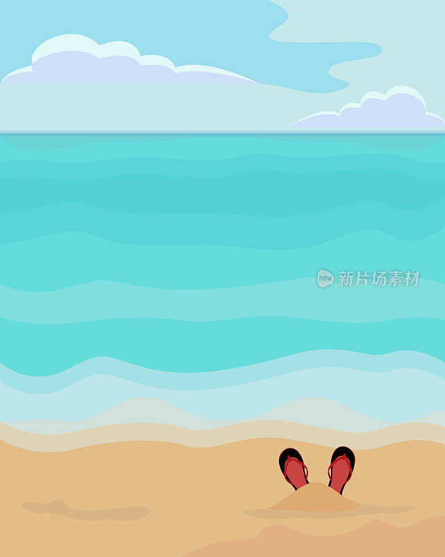 矢量插图的海，海滩和拖鞋在沙子。美丽的夏季海滩背景为您的设计