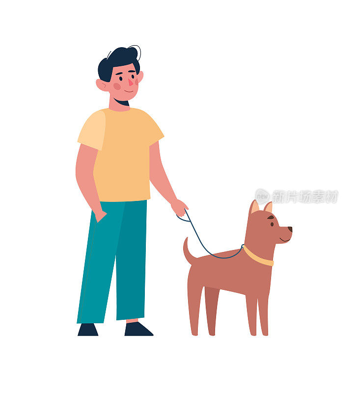 男孩和有趣的狗散步。穿着便服的孩子用皮带牵着小狗。在新鲜空气中积极地散步。矢量在平面风格，卡通人物孤立在白色背景。