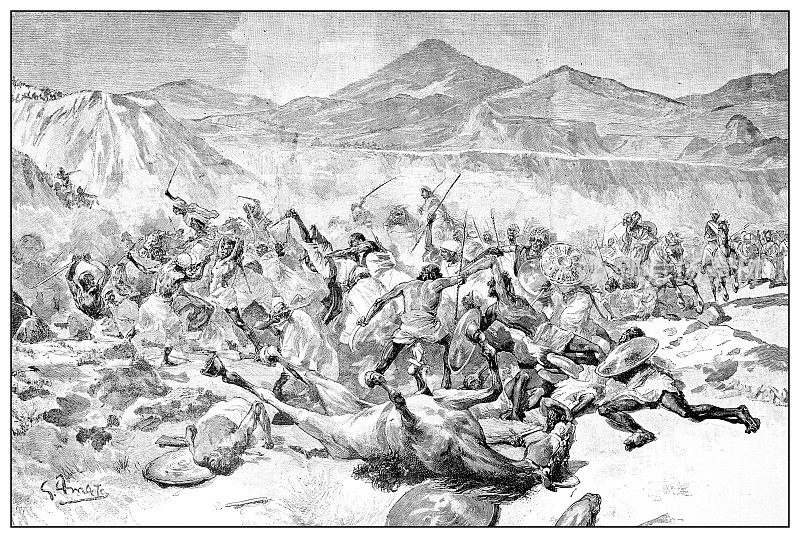 第一次意大利-埃塞俄比亚战争(1895-1896)的古董插图:战斗