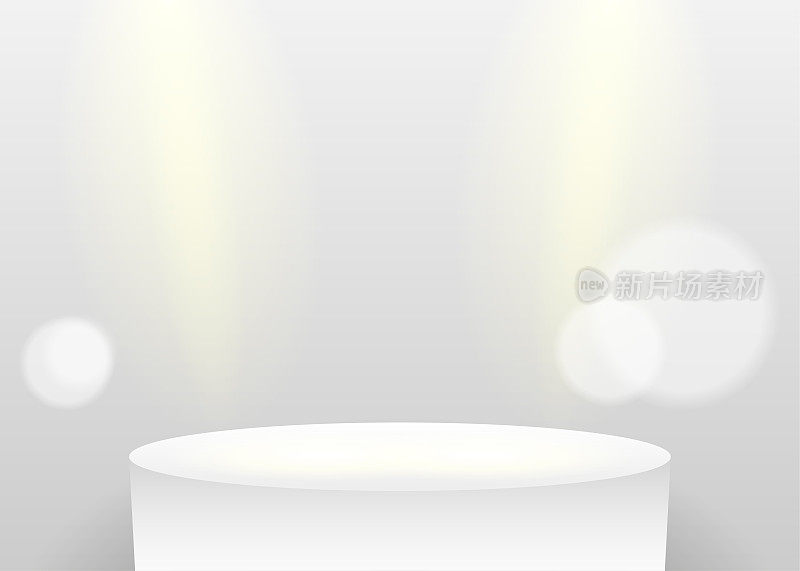 白色空白演播室舞台与聚光灯模型，白色广告牌边界照明灯光矢量背景插图