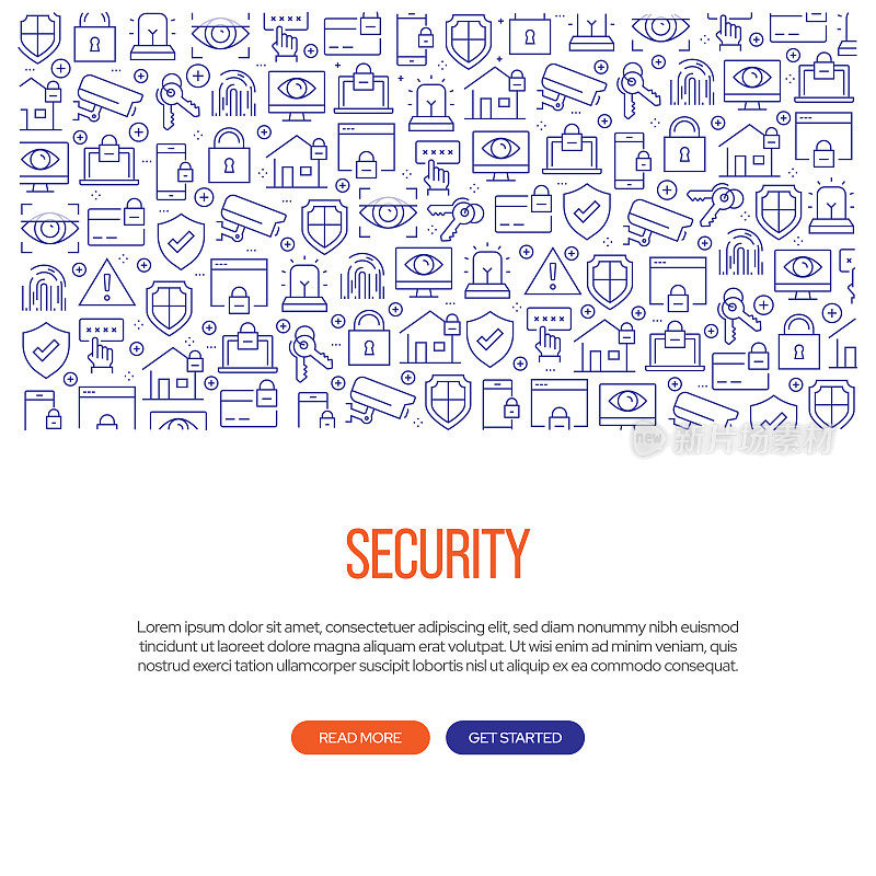 与安全性相关的带有模式的横幅设计。现代线条风格图标矢量插图