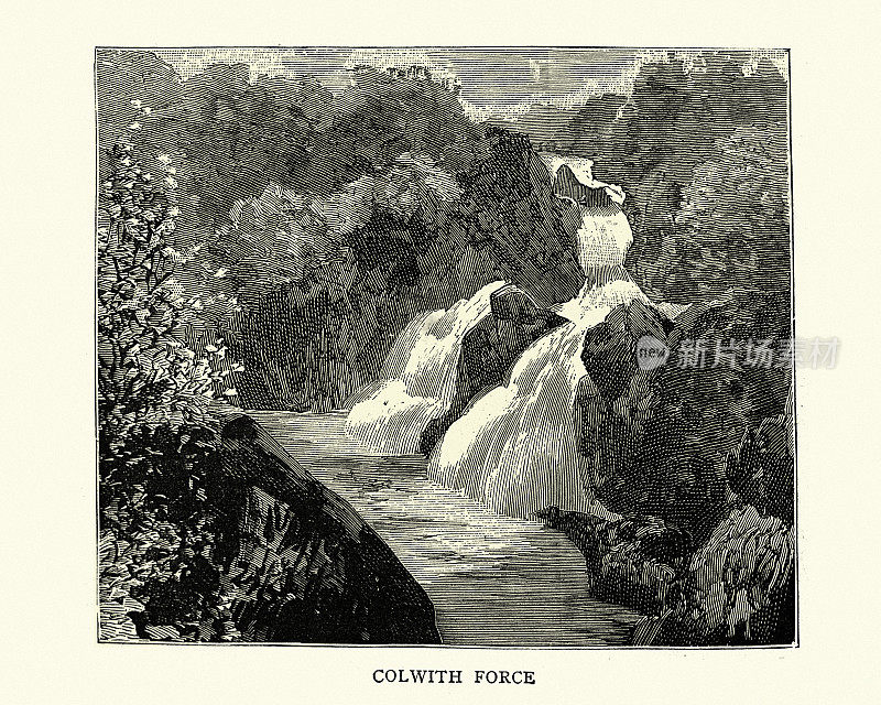 19世纪英格兰坎布里亚郡安布尔赛德郡的科尔弗斯瀑布