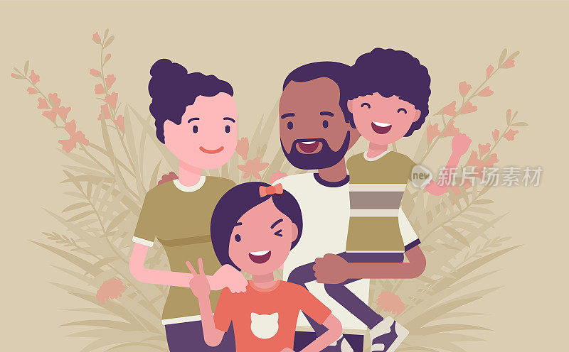 多元文化的幸福家庭，不同种族、文化的父母和孩子