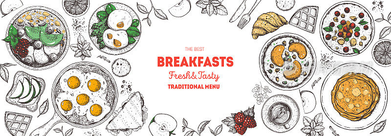 早餐，早午餐草图设计元素，俯视图食物。早餐菜单设计。早餐和早午餐菜肴收集。复古手绘草图，矢量插图。雕刻风格。