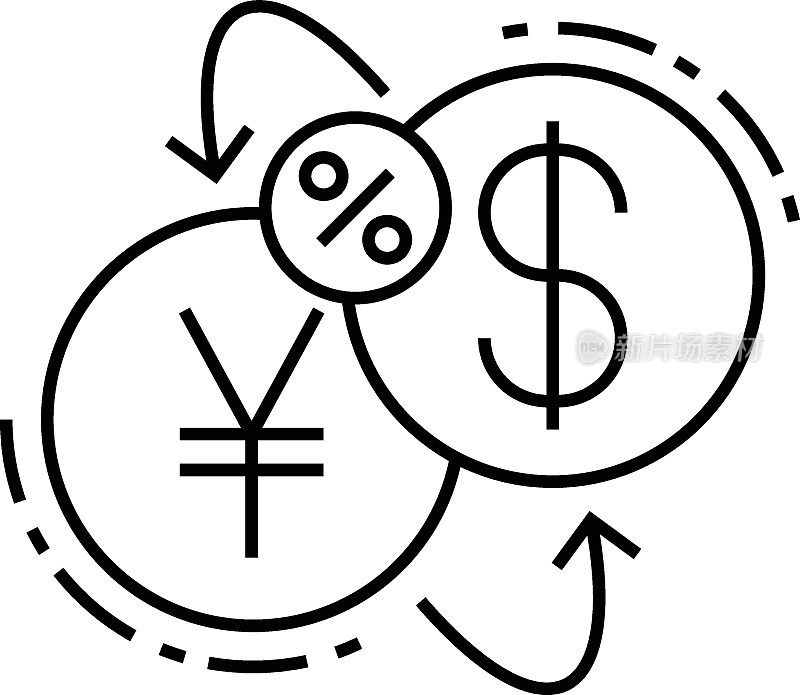 货币转换税概念，外汇转换矢量字形图标设计，强制性财务收费和税收符号的白色背景，征费标志