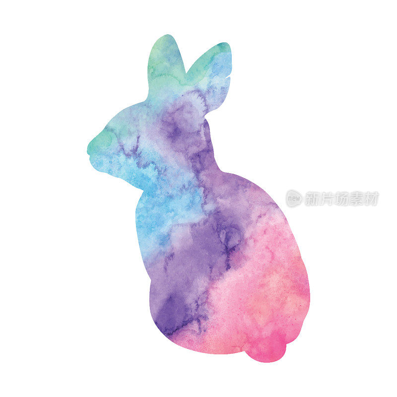 水彩复活节兔子粉色，紫色和蓝绿色色调，矢量EPS10插图