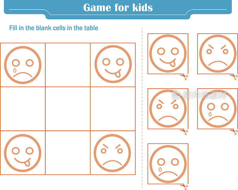 儿童逻辑游戏。填充表格中的空白单元格，使元素在每行和每列中只出现一次