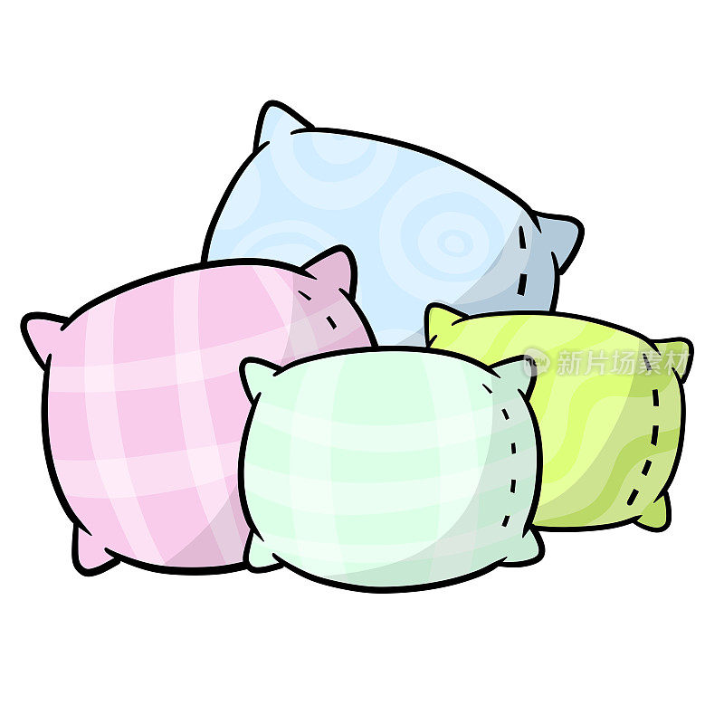 的枕头。大大小小的物体。卡通平面插图。蓝色和粉色的软垫。卧室和床的睡眠元素