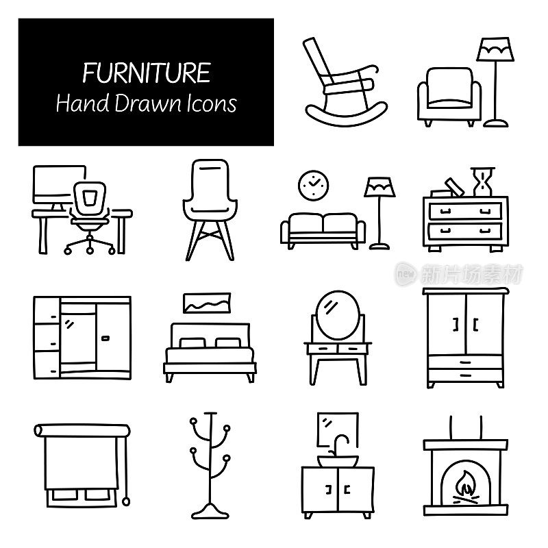 家具相关手绘图标，涂鸦元素矢量插图