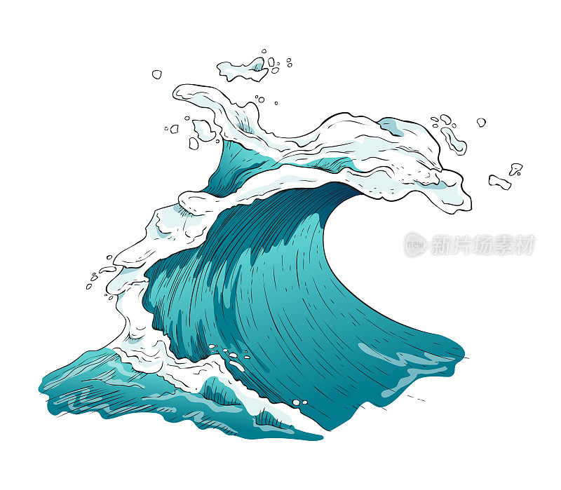 蔚蓝的大海怒吼着，海浪带着泡沫、浪花和波浪。