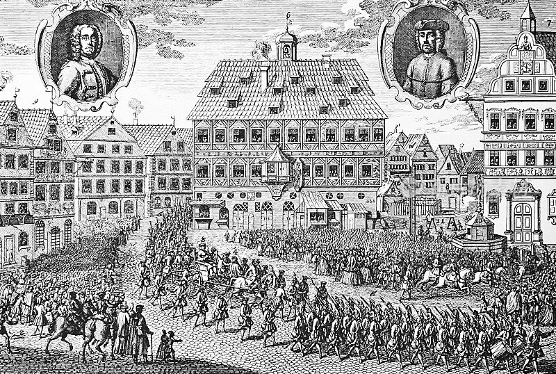 将Süss奥本海默转让至1738年斯图加特市场广场上的行刑地