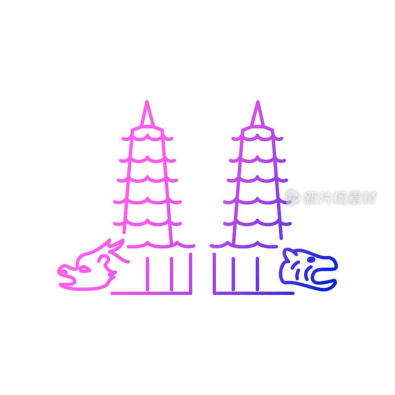 台湾莲花池龙虎塔在高雄轮廓图标。分离矢量图例