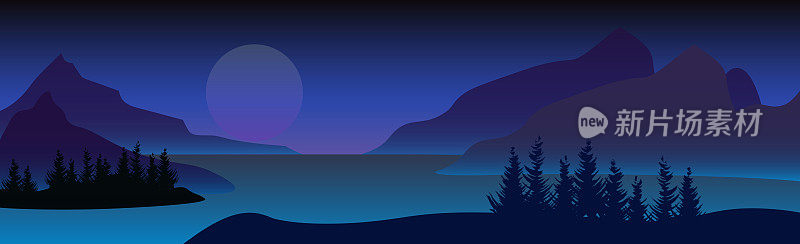 山景，皓月当夜，山湖-矢