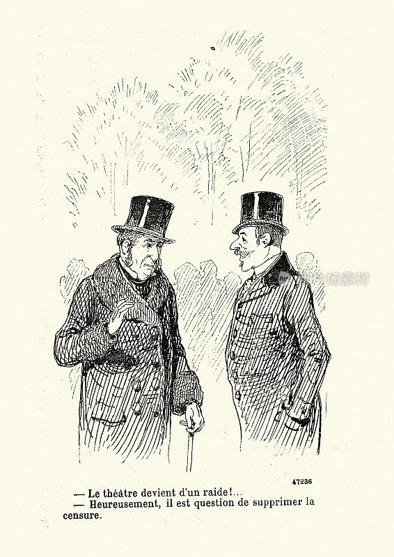 经典卡通，双关语笑话，两个男人谈论戏剧，19世纪90年代，19世纪