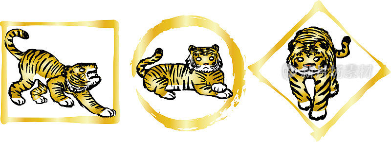 金色可爱的老虎绘制与日本画笔在框架设置