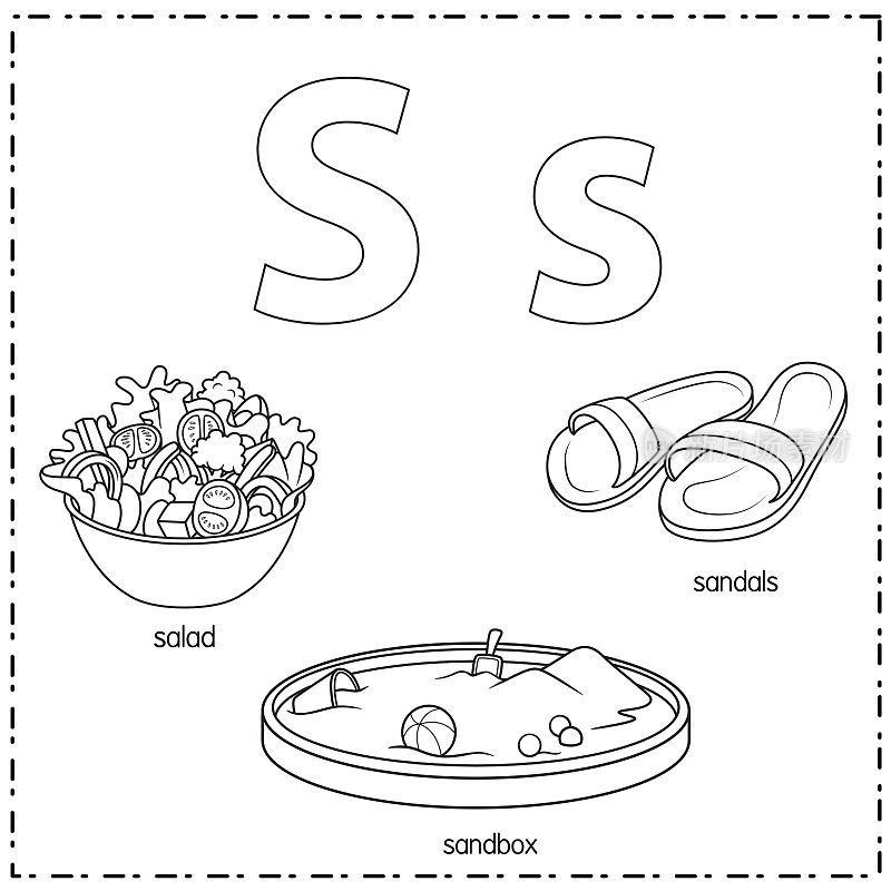 向量插图学习字母S的小写和大写的儿童与3卡通图像。沙拉沙箱凉鞋。