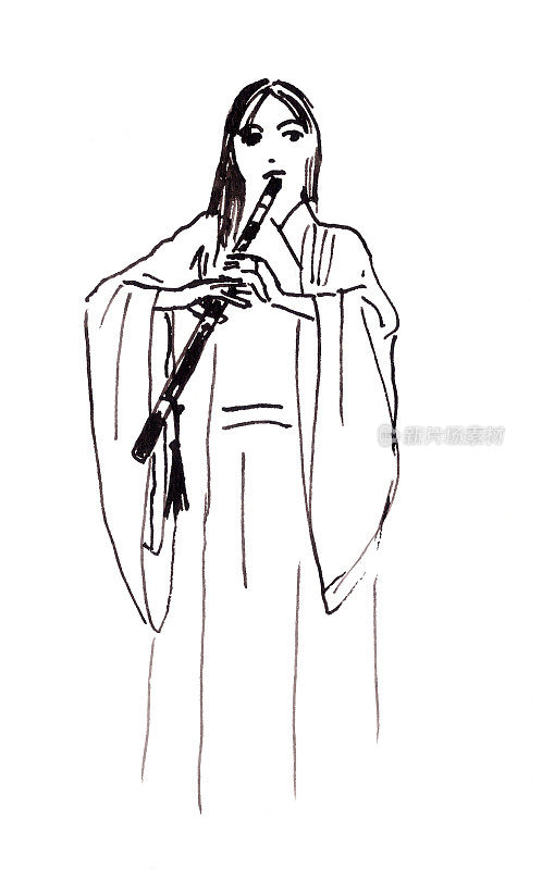 女孩音乐家在中国汉服吹箫，中国风格的水墨绘画