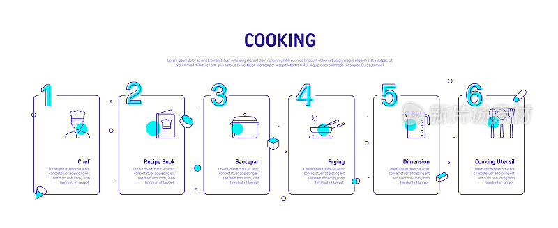 烹饪相关的过程信息图表模板。过程时间图。带有线性图标的工作流布局
