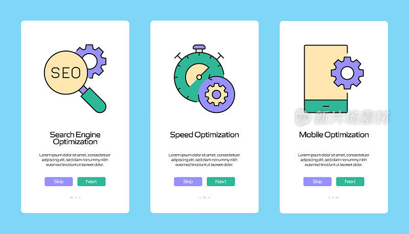 搜索引擎优化概念Onboarding移动应用程序页面屏幕与平面图标。UI设计模板矢量插图