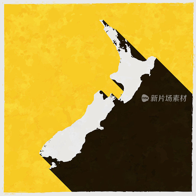 新西兰地图与纹理黄色背景上的长阴影