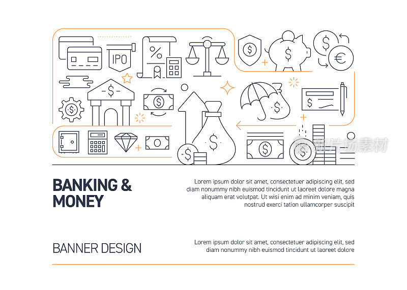 银行和货币相关的矢量旗帜设计概念，现代线条风格与图标